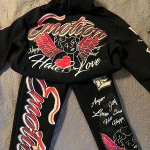 Black sweatsuit jogger pants and hoodie set Emotions men's size large
